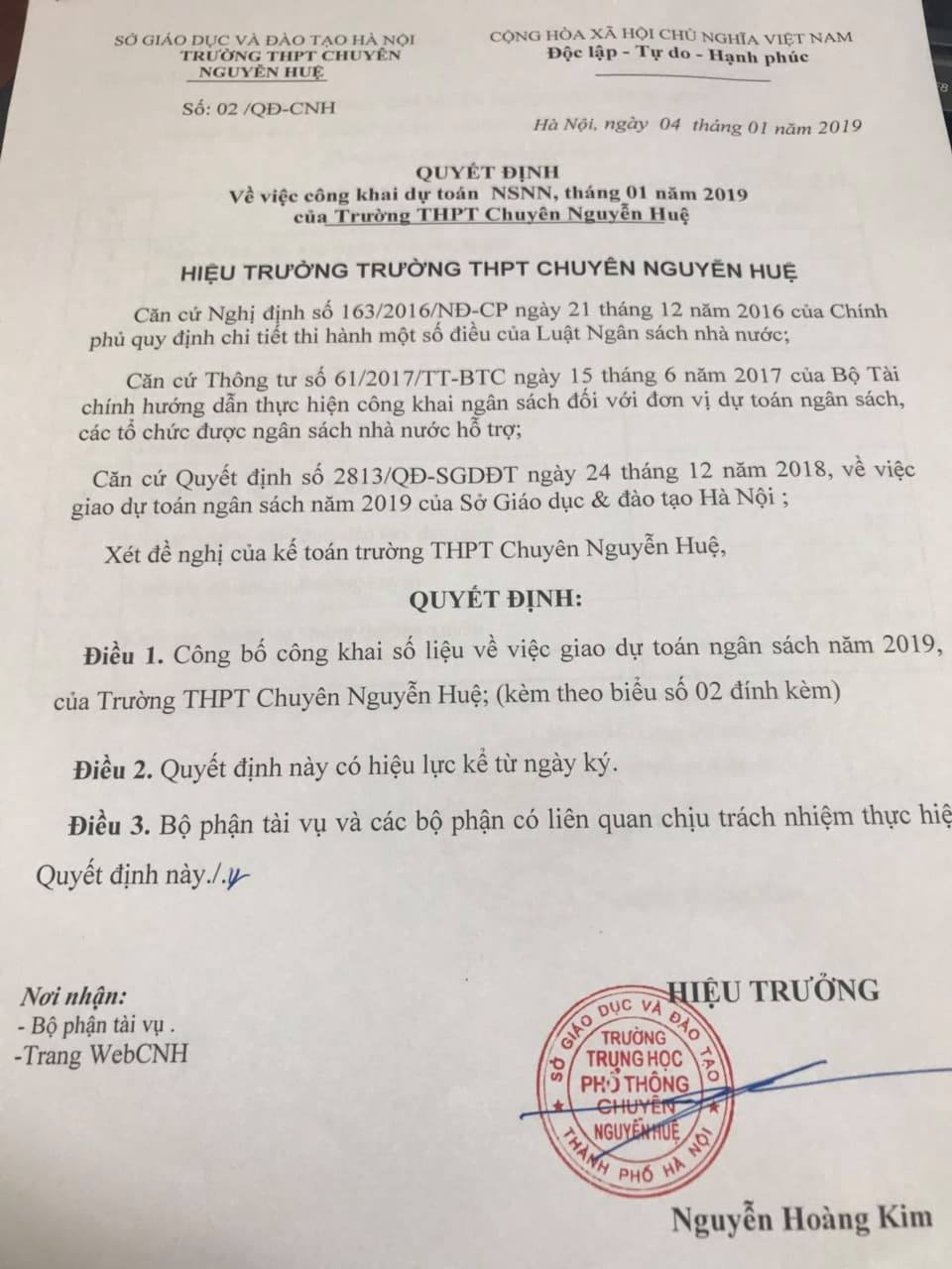 Công khai dự toán NSNN tháng 1 năm 2019 trường THPT Chuyên Nguyễn Huệ